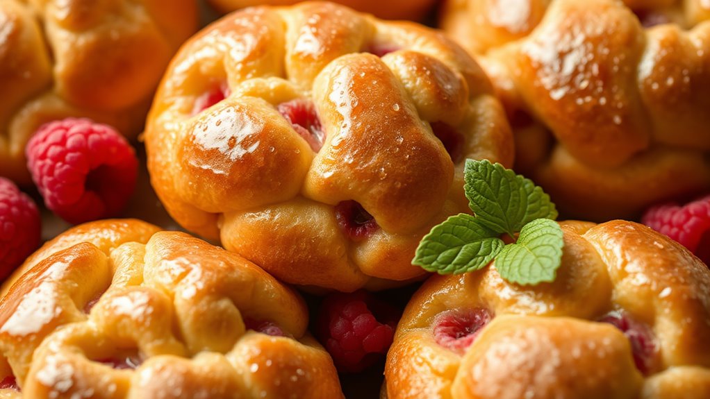 A close-up of golden raspberry popovers, elegantly puffed and glistening, surrounded by fresh raspberries and delicate mint leaves, captured in soft, natural lighting