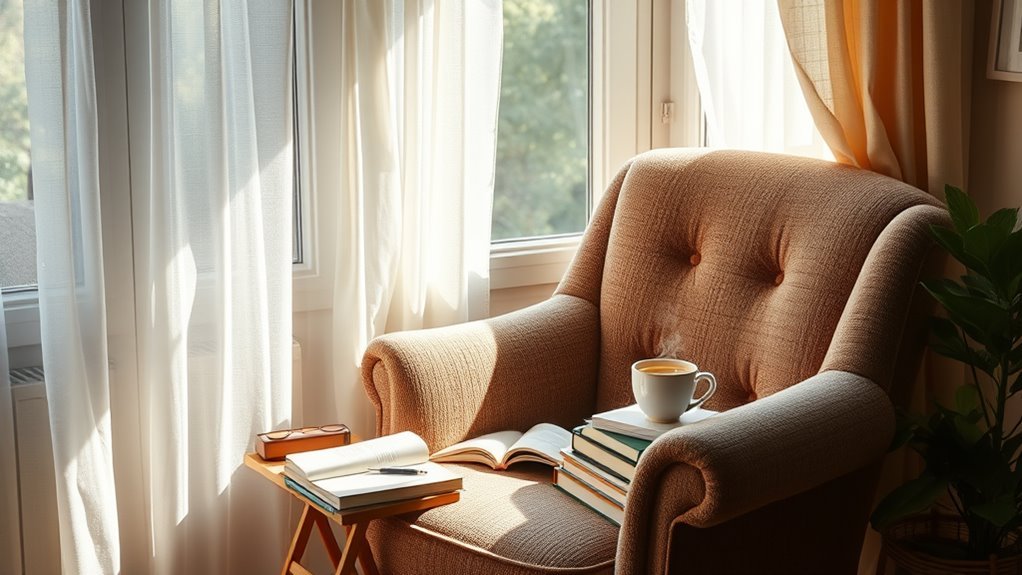 A cozy reading nook bathed in natural light, featuring a plush armchair, stacked books, a steaming cup of tea, and sunlight filtering through sheer curtains