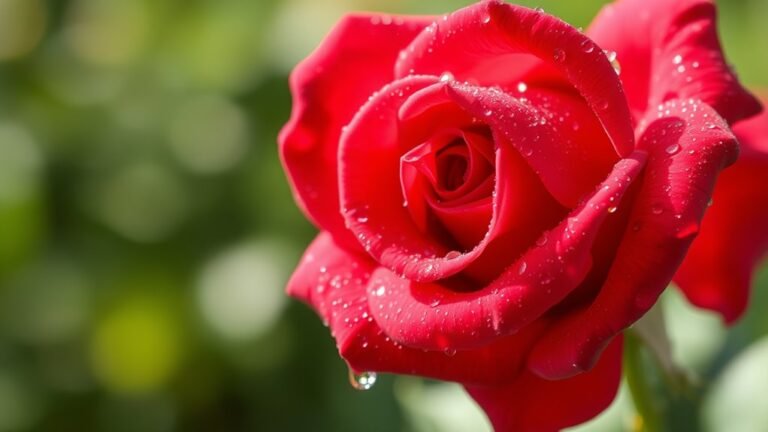 A close-up of a dew-kissed red rose in natural light, showcasing intricate petal details and shimmering droplets, set against a softly blurred green background
