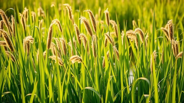 A serene landscape of lush green reeds swaying gently in the breeze, illuminated by soft, golden sunlight, reflecting on a tranquil water surface