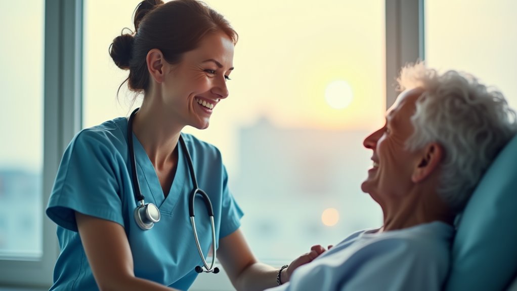 A serene hospital scene: a compassionate nurse in scrubs gently tending to a patient, sunlight streaming through large windows, highlighting the warmth and dedication in her expression