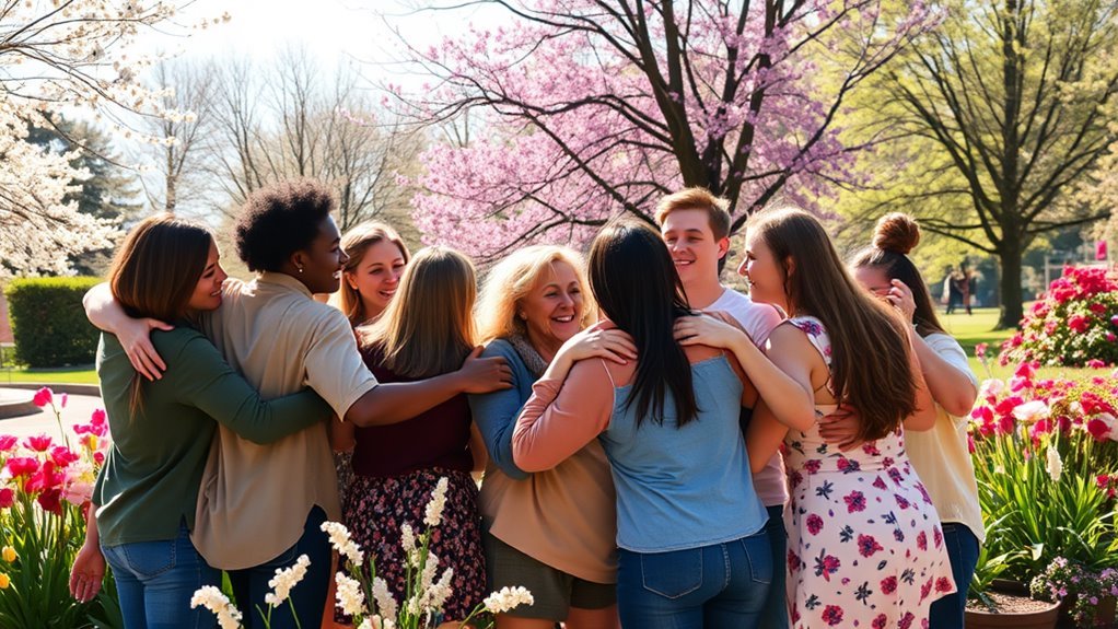 A diverse group of people, joyfully embracing each other in a sunlit park, surrounded by blooming flowers and vibrant greenery, capturing the essence of connection and equality