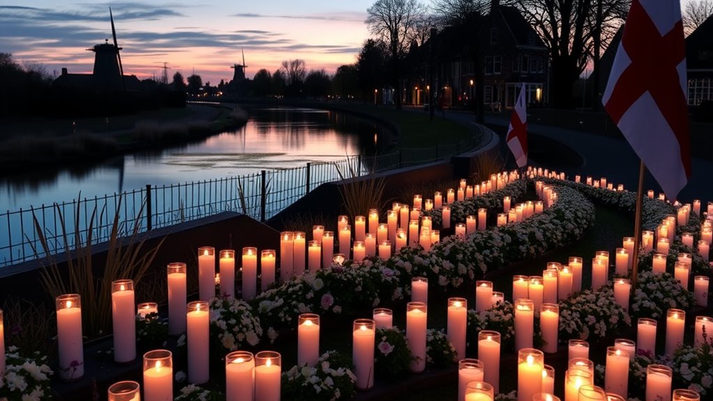 A serene Dutch landscape at dusk, featuring solemn memorial candles, a tranquil waterway, and softly flowing flags, evoking reflection and remembrance