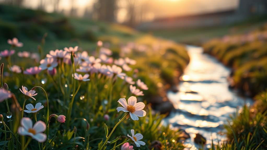 A serene landscape at dawn, featuring a blooming meadow, dewdrops glistening on petals, and a gentle stream reflecting soft sunlight, all captured in stunning detail