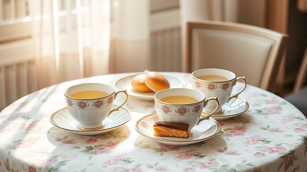 A beautifully set table with two identical teacups, delicate pastries, and a repeating floral pattern tablecloth, bathed in soft, natural light