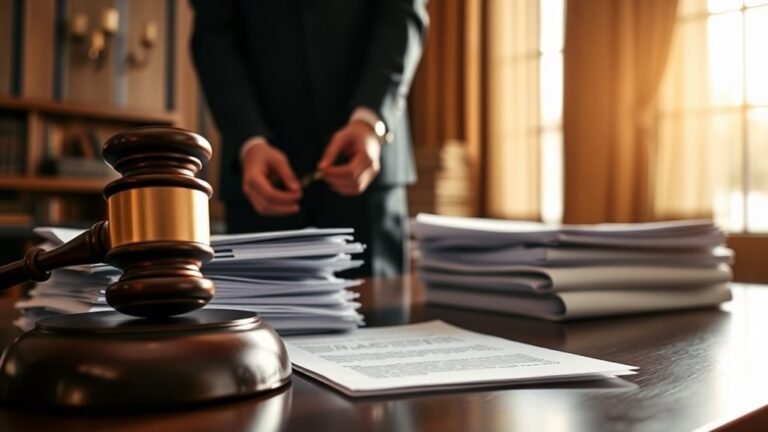 A dramatic courtroom scene with a gavel, stacks of legal documents, and a shadowy figure in handcuffs, illuminated by natural lighting, highlighting the tension and seriousness of fraud