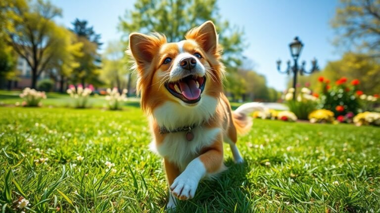 A joyful rescue dog, fur glistening in sunlight, plays in a vibrant green park, surrounded by blooming flowers and a blue sky, capturing pure happiness