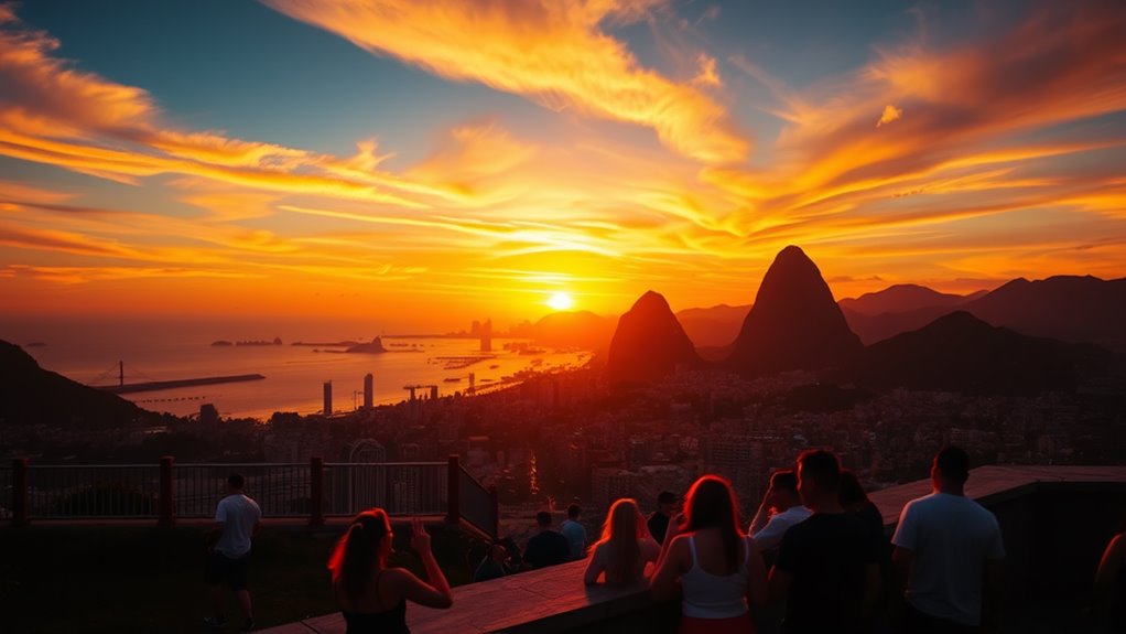 A vibrant sunset over Rio de Janeiro, with Sugarloaf Mountain in the background, shimmering beaches, and lively locals celebrating, captured in stunning detail