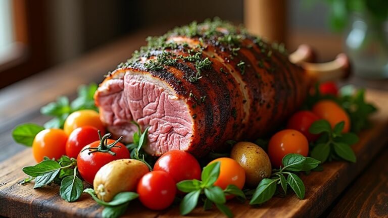 A beautifully roasted leg of lamb, glistening with herbs and spices, surrounded by vibrant seasonal vegetables, elegantly arranged on a rustic wooden table