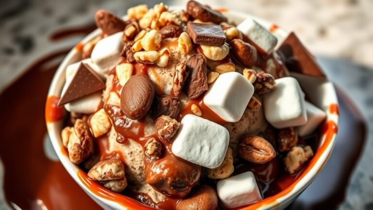 A decadent bowl of rocky road ice cream, featuring rich chocolate, fluffy marshmallows, and crunchy nuts, surrounded by melting chocolate sauce, under soft natural lighting