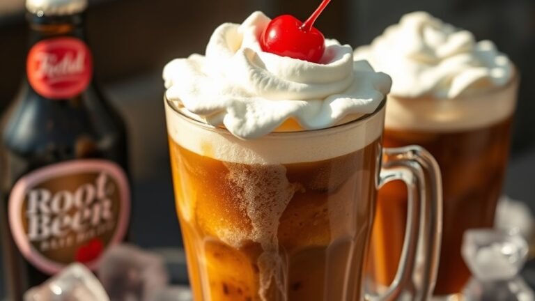 A frosty root beer float overflowing with whipped cream and a cherry, glistening in natural light, surrounded by vintage soda bottles and ice cubes
