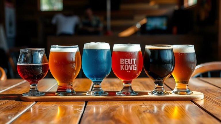 A vibrant beer flight arranged elegantly on a rustic wooden table, glistening under natural light, showcasing a variety of colorful craft beers in unique glasses