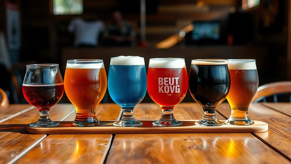 A vibrant beer flight arranged elegantly on a rustic wooden table, glistening under natural light, showcasing a variety of colorful craft beers in unique glasses