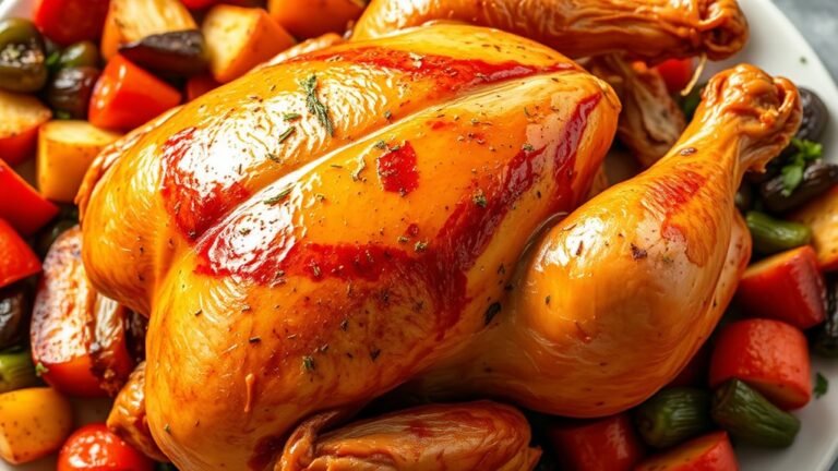 A perfectly golden-brown rotisserie chicken, glistening with herbs, surrounded by vibrant sides like roasted vegetables and fresh herbs, captured in natural light, centered composition