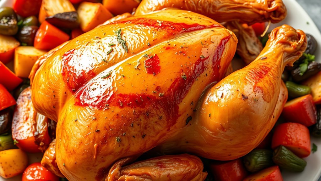 A perfectly golden-brown rotisserie chicken, glistening with herbs, surrounded by vibrant sides like roasted vegetables and fresh herbs, captured in natural light, centered composition