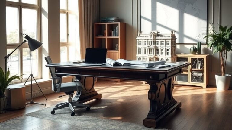 A serene office environment featuring an elegant architect's desk with blueprints, a sleek laptop, and a model building, bathed in natural light, showcasing intricate details