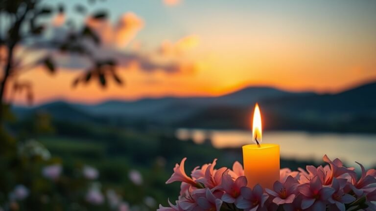 A serene sunrise over a peaceful landscape, with a single flickering candle surrounded by delicate flowers, symbolizing hope and life, captured in vibrant detail