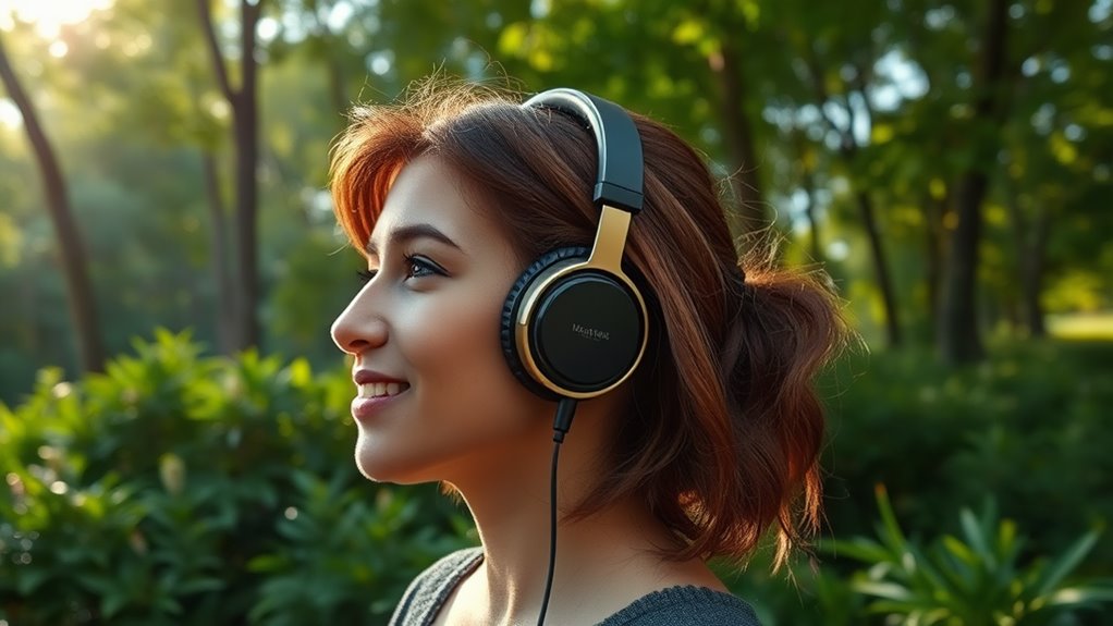 A serene landscape featuring a person wearing elegant headphones, surrounded by lush greenery, with soft sunlight filtering through trees, capturing the essence of sound and silence