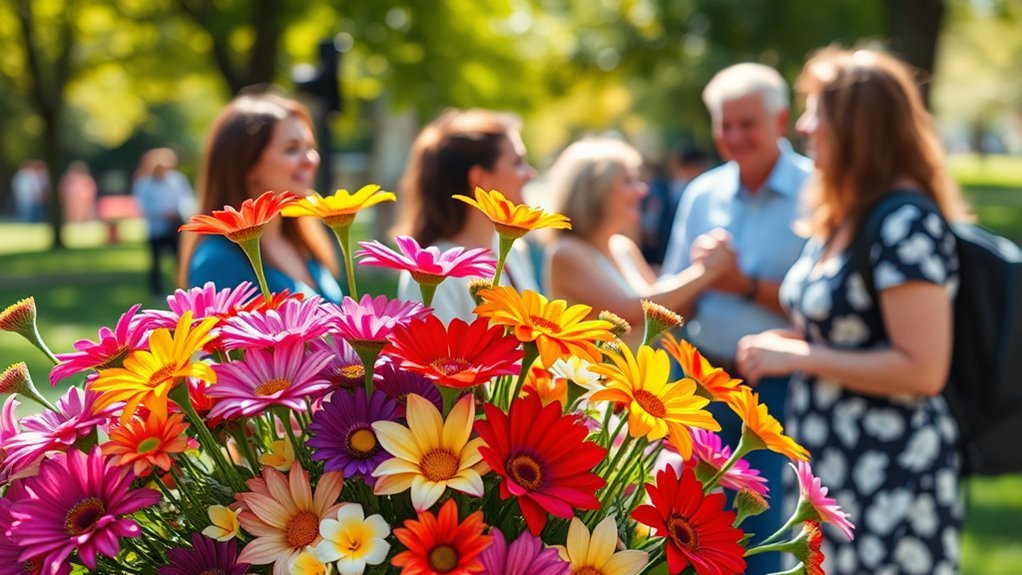 A vibrant bouquet of colorful flowers in a sunlit park, with a soft-focus background of smiling people exchanging compliments, capturing warmth and kindness