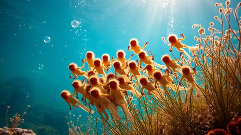 A vibrant underwater scene showcasing a lively colony of sea monkeys, surrounded by delicate aquatic plants, shimmering bubbles, and soft sunlight filtering through the water