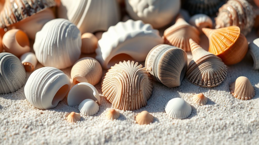 A close-up of a variety of colorful seashells arranged elegantly on soft, white sand, illuminated by gentle natural light, showcasing intricate textures and shimmering surfaces