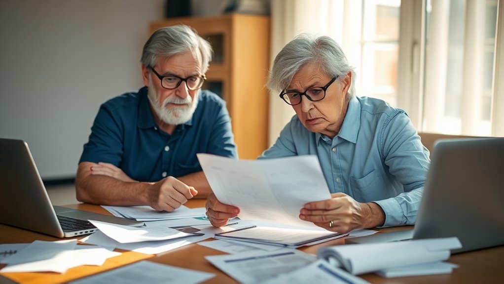 A concerned elderly couple reviewing documents at a table, surrounded by scattered papers and a laptop, bathed in warm, natural light, capturing their expressions of caution