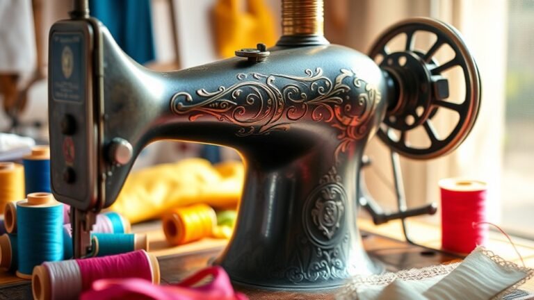 A vintage sewing machine with intricate engravings, surrounded by vibrant spools of thread and delicate fabric swatches, illuminated by warm natural light