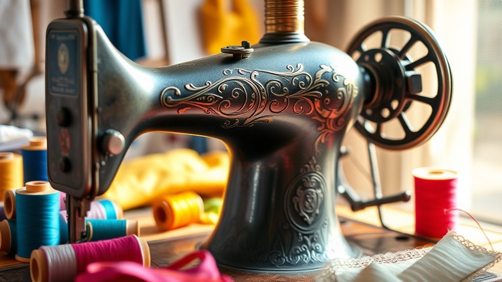 A vintage sewing machine with intricate engravings, surrounded by vibrant spools of thread and delicate fabric swatches, illuminated by warm natural light