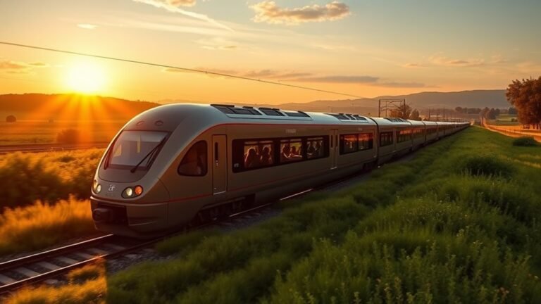 A sleek, modern train gliding through a lush green landscape at sunset, reflecting golden rays, with passengers enjoying panoramic views from large windows