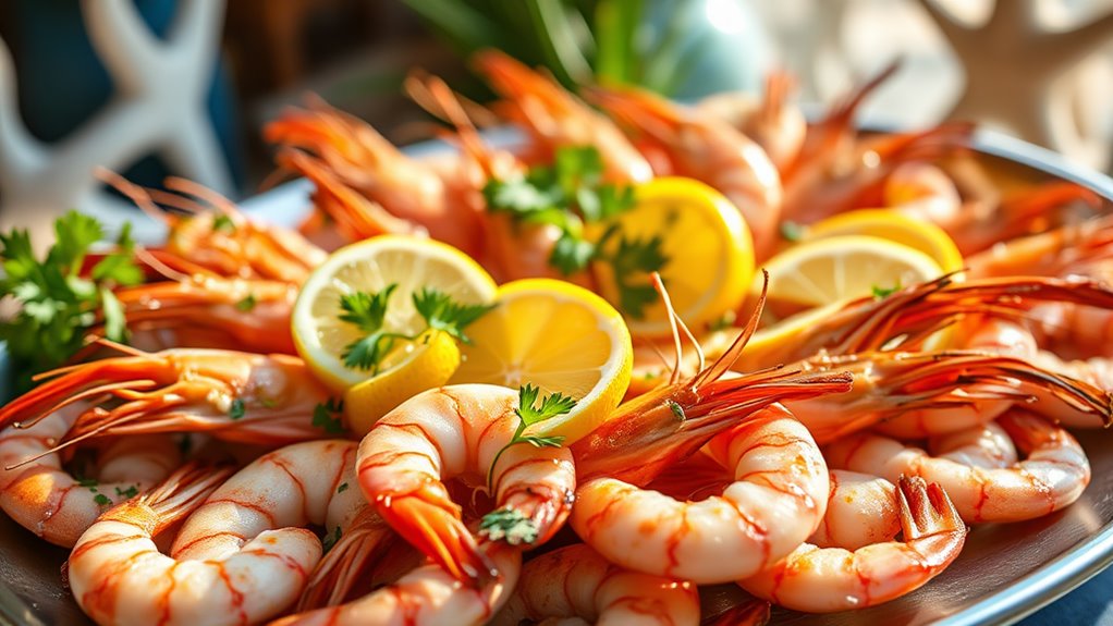 A beautifully arranged platter of succulent, grilled shrimp, garnished with fresh herbs and lemon slices, glistening under natural light, surrounded by ocean-inspired decor