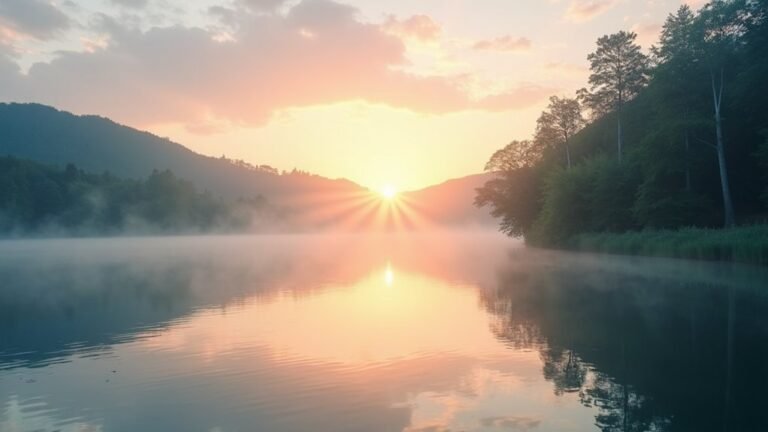 A serene landscape featuring a tranquil lake at sunrise, surrounded by lush trees, reflecting soft pastel colors, symbolizing peace and mental health awareness