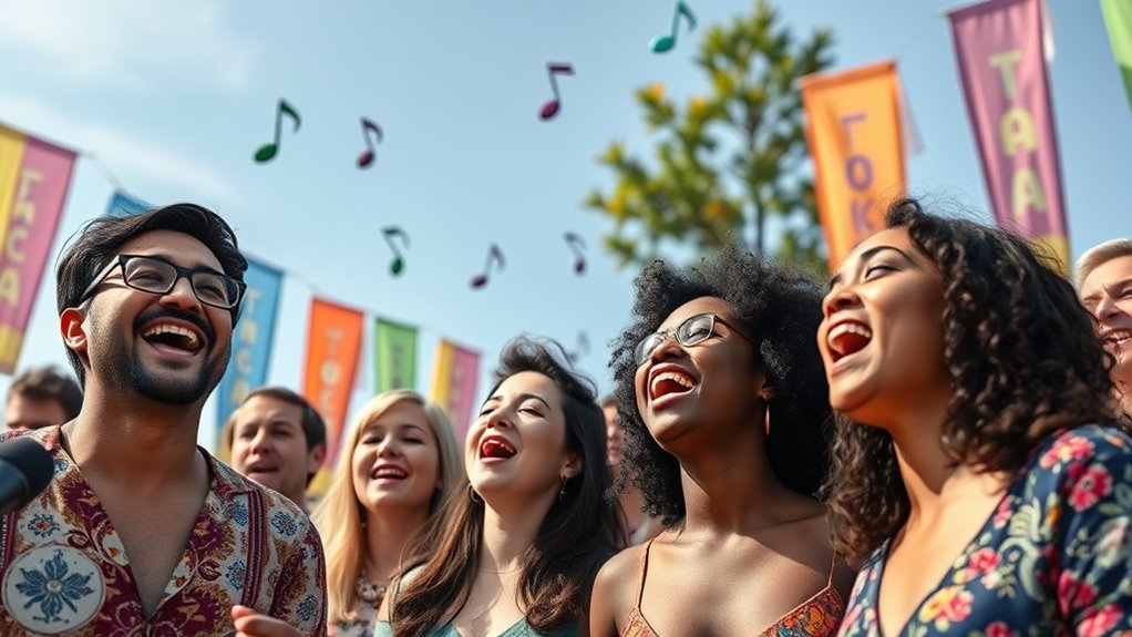 A diverse group of people joyfully singing outdoors, surrounded by colorful banners and musical notes in the air, under a bright blue sky