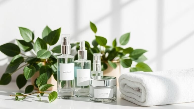 A serene skincare setup featuring elegant glass bottles, lush green plants, and a soft white towel, all bathed in natural light, showcasing the beauty of skincare