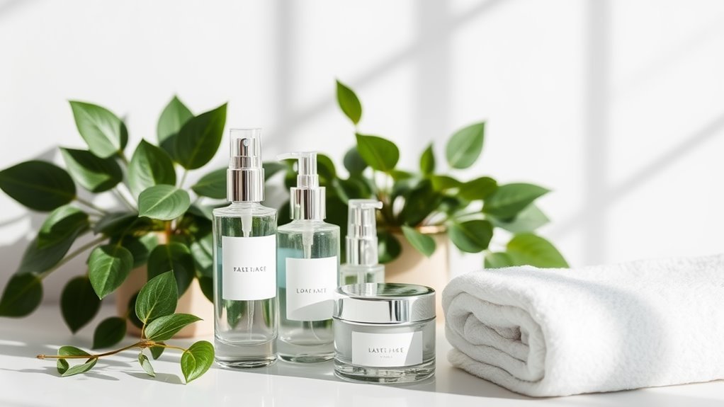 A serene skincare setup featuring elegant glass bottles, lush green plants, and a soft white towel, all bathed in natural light, showcasing the beauty of skincare