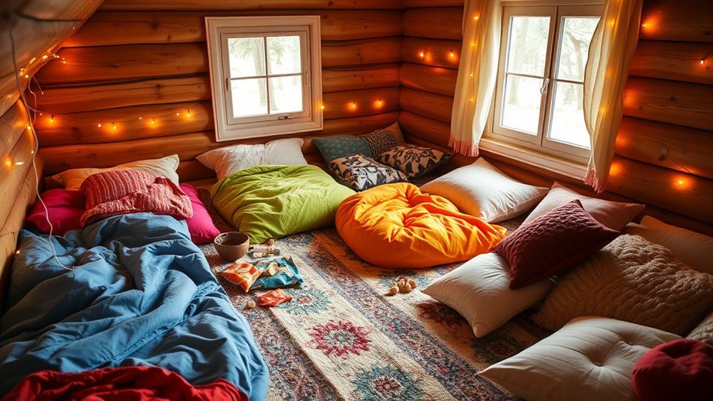 A cozy, inviting bedroom scene with colorful sleeping bags, twinkling fairy lights, snacks scattered, and plush pillows, all bathed in warm, natural light