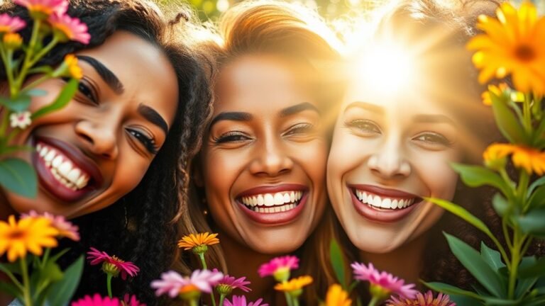 A radiant close-up of diverse smiling faces, illuminated by soft natural light, surrounded by vibrant flowers and greenery, capturing pure joy and connection