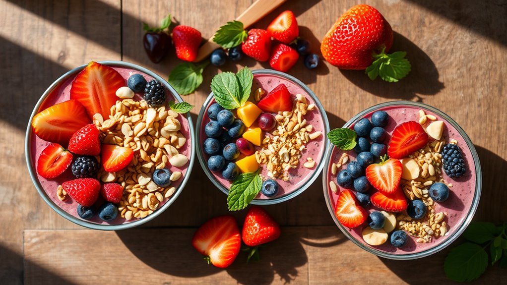 Vibrant smoothie bowls overflowing with fresh fruits, nuts, and seeds, elegantly arranged on a rustic wooden table, bathed in natural light, highlighting their textures and colors