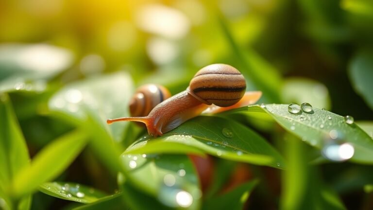 A close-up of a vibrant garden scene featuring a snail gliding over lush green leaves, dewdrops shimmering in natural light, with soft bokeh in the background