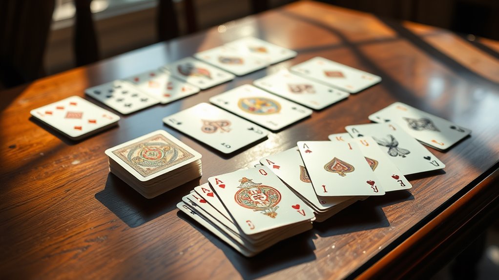 A beautifully arranged solitaire card game on an elegant wooden table, natural light casting soft shadows, showcasing intricate card designs and sparkling reflections