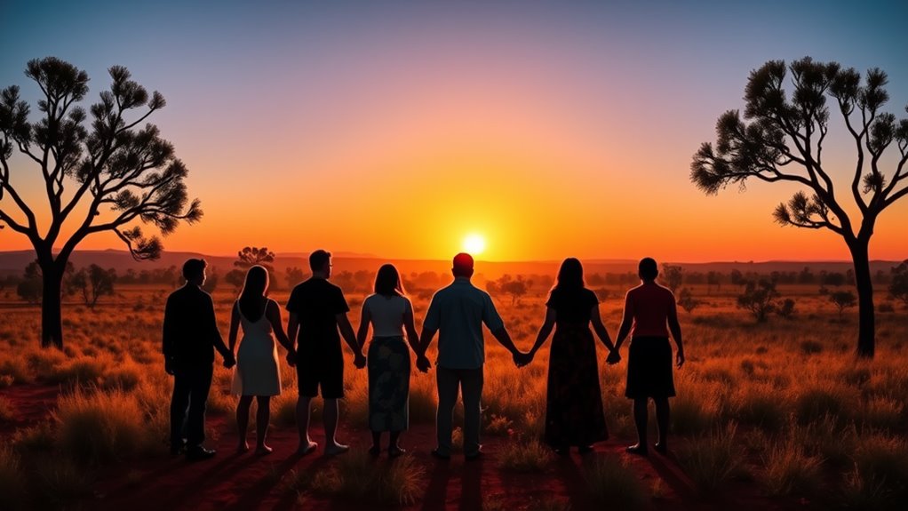 A serene Aboriginal landscape featuring a group of people holding hands, surrounded by eucalyptus trees and a setting sun, evoking unity and reflection