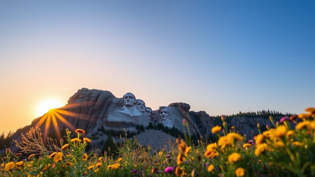 A breathtaking landscape of the Black Hills at sunset, showcasing Mount Rushmore in the background, with wildflowers in the foreground and a clear blue sky