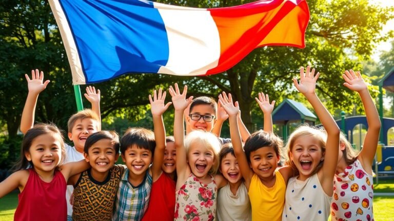 A vibrant playground scene with diverse children celebrating under a fluttering national flag, sunlight glistening on their joyful faces, surrounded by lush greenery