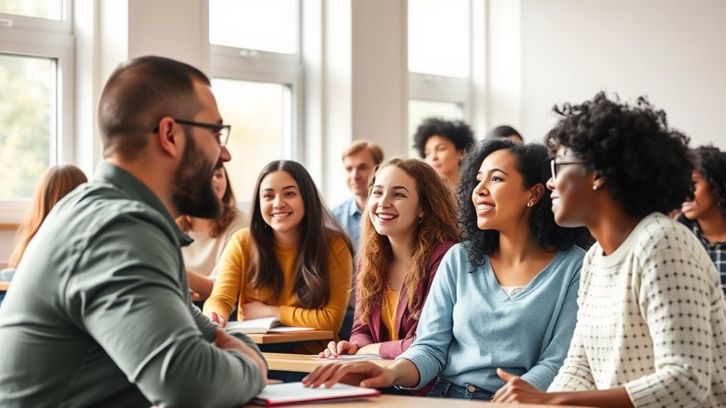 A classroom scene with diverse students engaged in conversation, bright natural light streaming through large windows, emphasizing clarity and structure in their expressions and body language