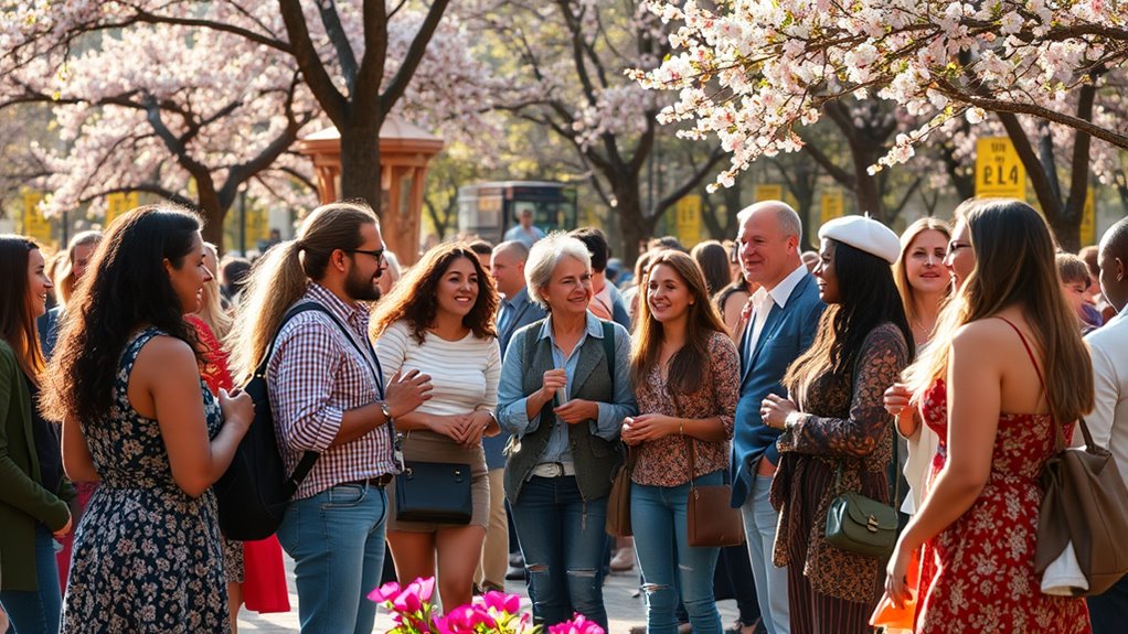 A vibrant scene of diverse people engaged in conversation in a sunlit park, surrounded by blooming flowers and trees, capturing the joy of dialogue