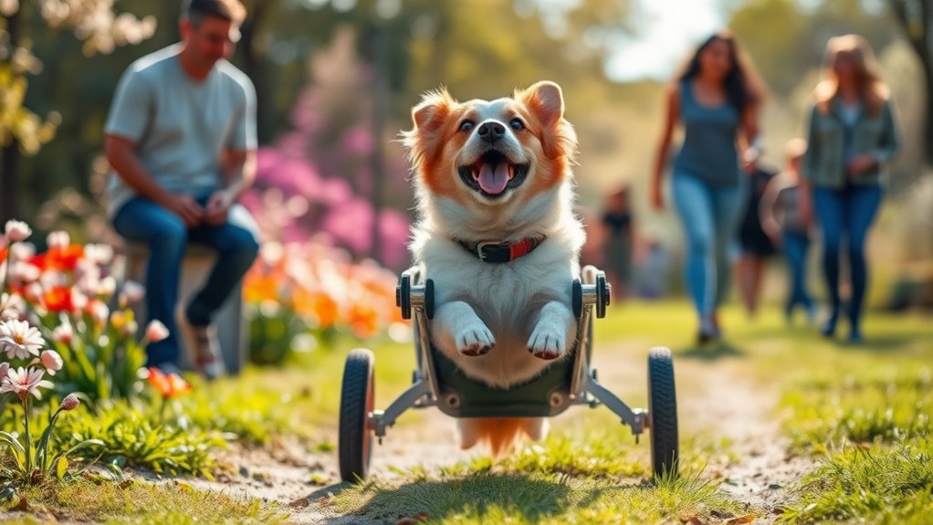 A heartwarming scene of a joyful dog in a wheelchair playing in a sunlit park, surrounded by blooming flowers and a supportive family