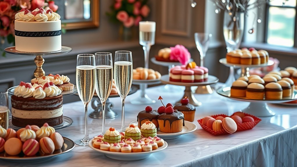 A lavish dessert table adorned with decadent cakes and pastries, sparkling champagne flutes, and an array of colorful macarons, all under soft, natural lighting