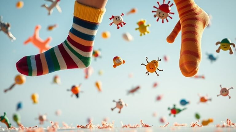A whimsical scene of colorful socks and playful static cling toys floating in mid-air, captured in natural lighting with shimmering details and an elegant perspective