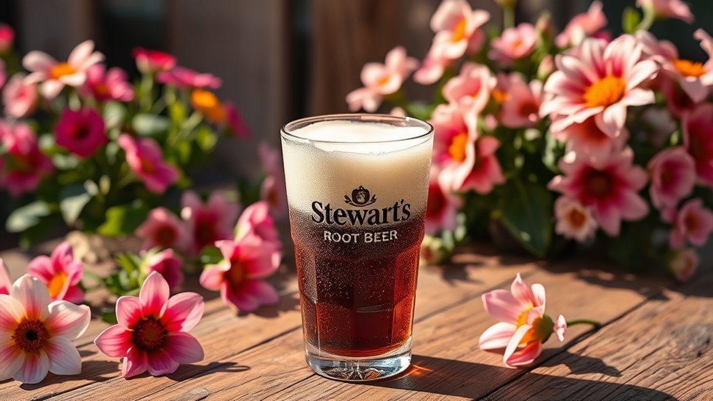 A frosty glass of Stewart's Root Beer, complete with a thick creamy foam, set on a rustic wooden table amidst summer blooms, with sunlight glinting on it