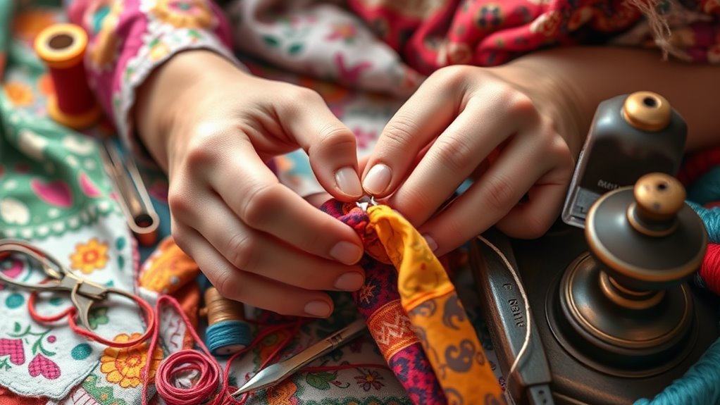 A close-up of hands delicately stitching colorful fabrics together, surrounded by vibrant threads and vintage sewing tools, bathed in soft, natural light