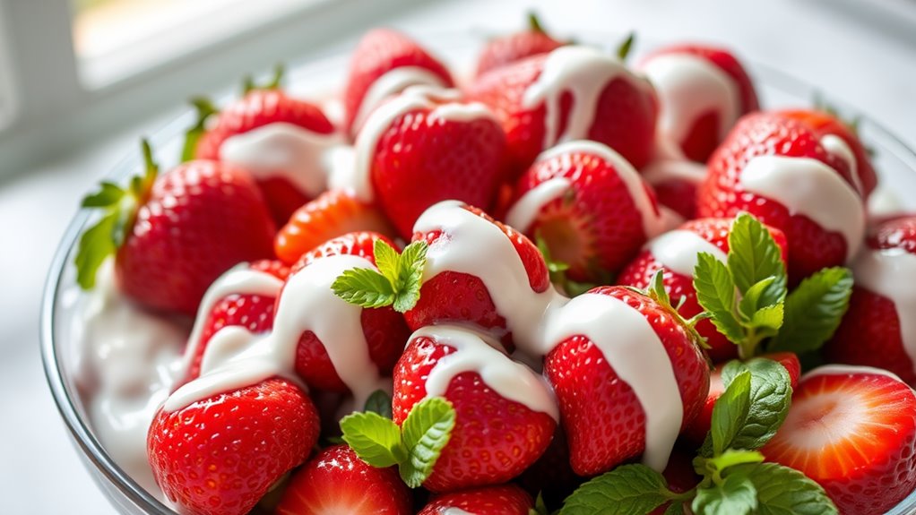 A lavish bowl of fresh strawberries drizzled with silky cream, surrounded by delicate mint leaves, glistening under soft natural light